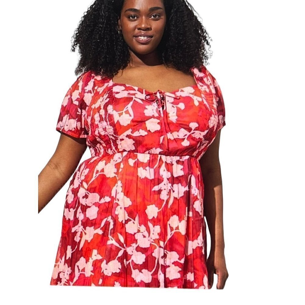 Torrid Midi Cotton Clip Dot Lace Up Short Sleeve Smocked Red Dress, 2, 2X, 18/20 - Picture 3 of 9